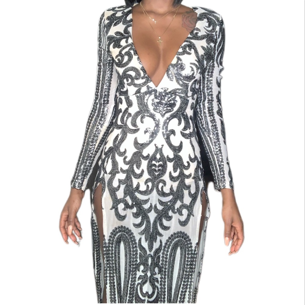 Sequence Long Dress ( Black & Cream)